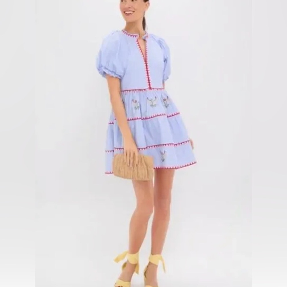 Hyacinth House Elegant Light Blue Mini Dress with Red Trim